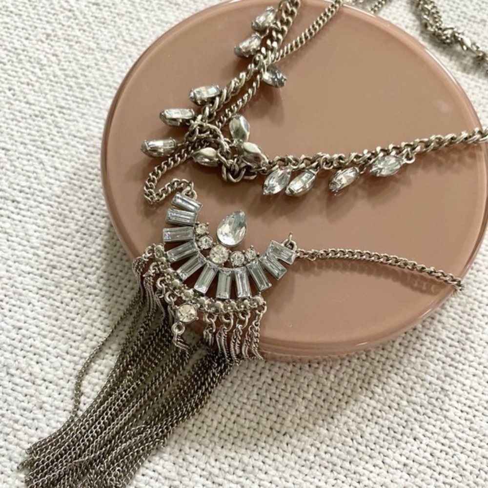 Silver-Tone Double Layered Chain & Faux Diamond Gemstone Necklace Statement rave